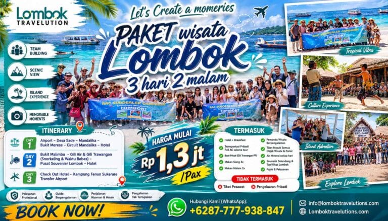 Paket wisata Lombok 3 hari 2 malam bersama Lombok Travelutions mengunjungi Desa Sade, Mandalika, Bukit Merese, Gili Air, dan Gili Trawangan dengan private boat dan hotel.