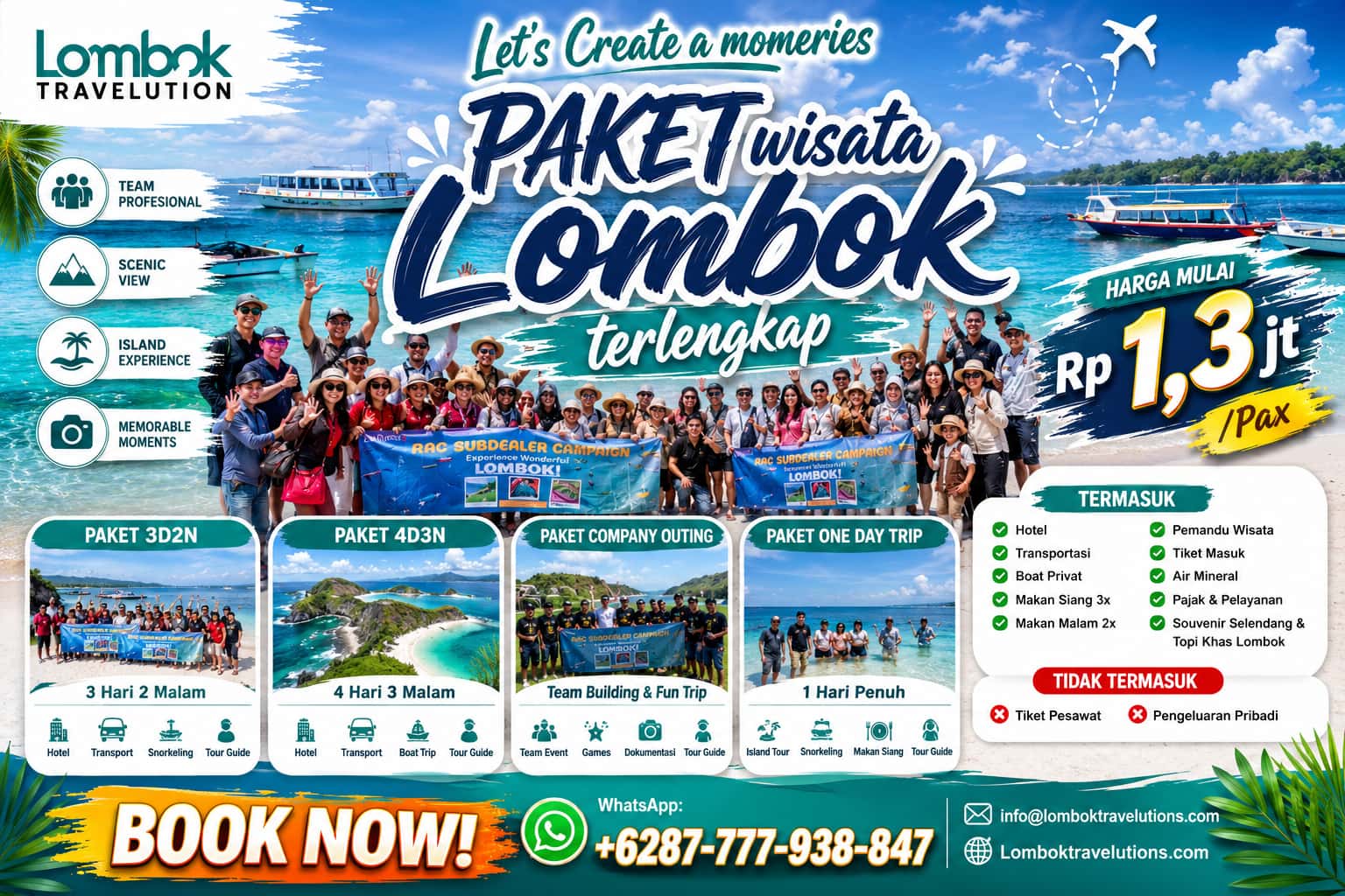 Poster paket wisata Lombok terlengkap dari Lombok Travelutions menawarkan paket 3 hari 2 malam, 4 hari 3 malam, company outing, dan one day trip ke destinasi terbaik Lombok dan Gili Trawangan.