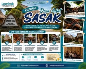 Infografis keunikan Desa Adat Sasak Ende Lombok yang menampilkan rumah tradisional Sasak, pertunjukan budaya, tenun khas Lombok, dan kehidupan masyarakat lokal.