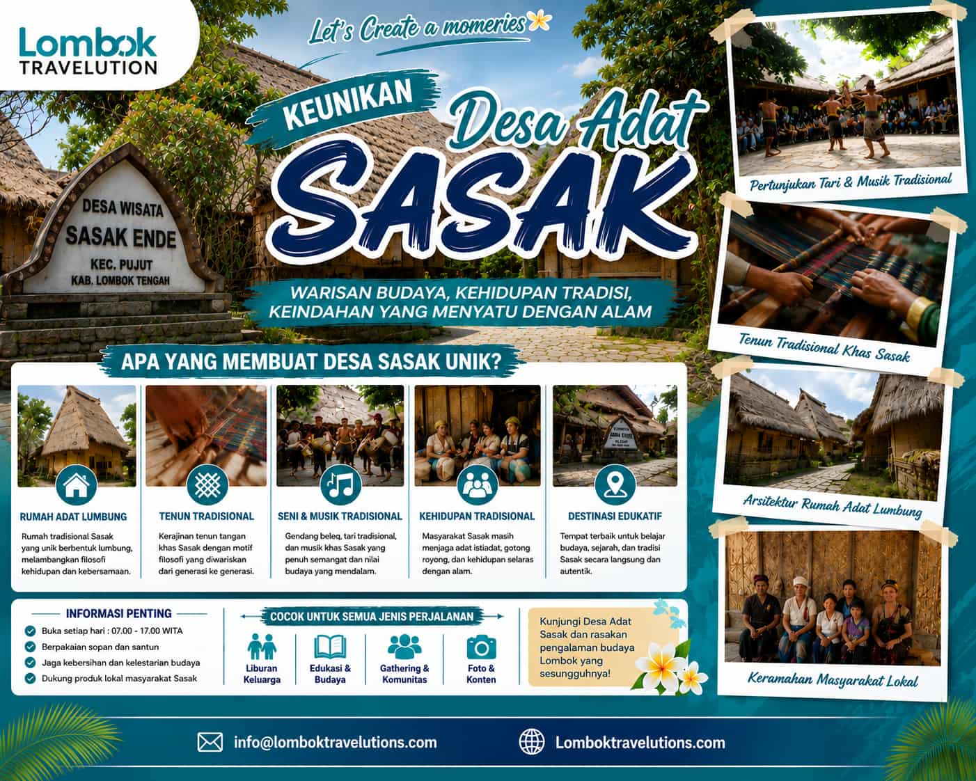 Infografis keunikan Desa Adat Sasak Ende Lombok yang menampilkan rumah tradisional Sasak, pertunjukan budaya, tenun khas Lombok, dan kehidupan masyarakat lokal.