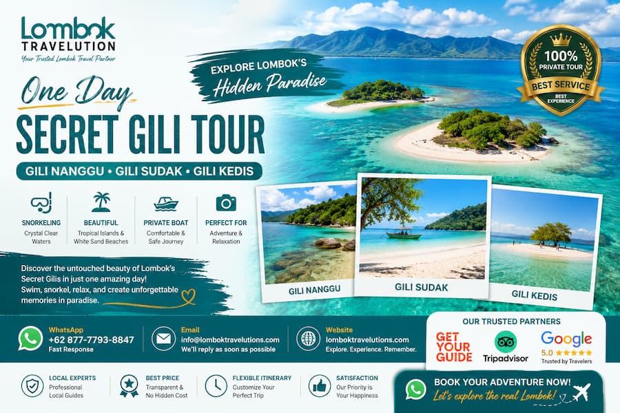 One Day Secret Gili Tour visiting Gili Nanggu, Gili Sudak and Gili Kedis with private snorkeling trip by Lombok Travelution