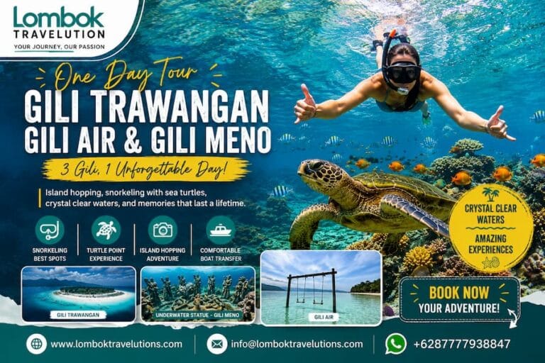 One Day Tour Gili Trawangan, Gili Air and Gili Meno with snorkeling, sea turtles, crystal-clear waters, and island hopping by Lombok Travelution.