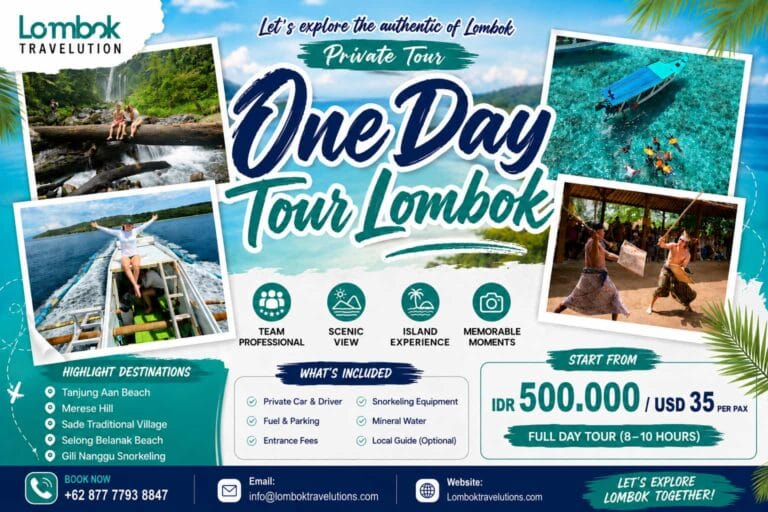 One Day Tour Lombok by Lombok Travelution featuring snorkeling, cultural experiences, scenic beaches, waterfalls, and private island adventures in Lombok, Indonesia.