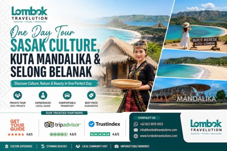 One Day Tour Sasak Culture, Kuta Mandalika & Selong Belanak Beach by Lombok Travelution featuring Sade Traditional Village, Merese Hill, Mandalika, and Selong Belanak Beach.