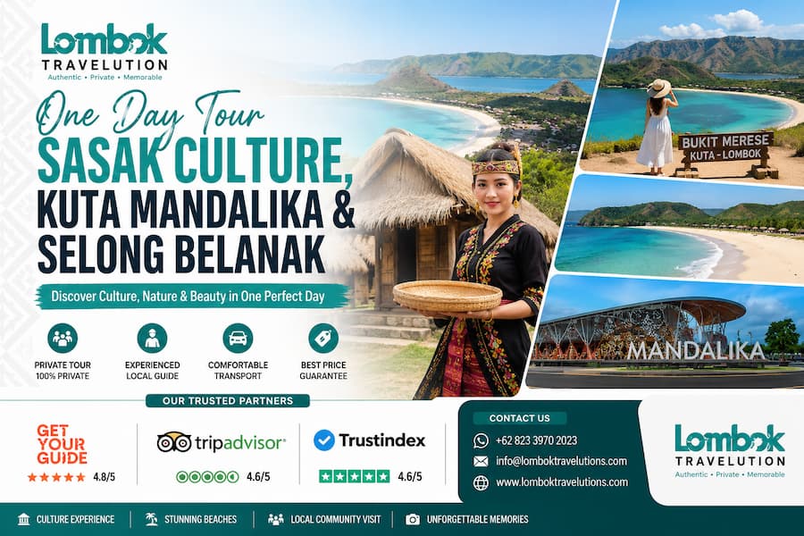 One Day Tour Sasak Culture, Kuta Mandalika & Selong Belanak Beach by Lombok Travelution featuring Sade Traditional Village, Merese Hill, Mandalika, and Selong Belanak Beach.