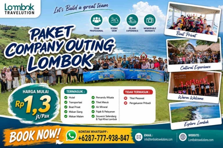 Paket Company Outing Lombok lengkap dengan hotel, boat privat, transportasi, wisata budaya Sasak, dan aktivitas team building untuk perusahaan di Lombok.
