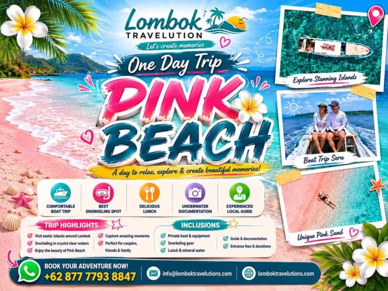 One Day Pink Beach Lombok Tour featuring private boat, snorkeling experience, private car transfer, lunch, and mineral water by Lombok Travelution.