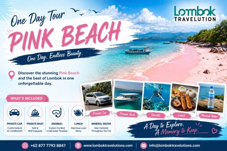 Private boat cruising over crystal clear turquoise waters during a Pink Beach Lombok island hopping tour.