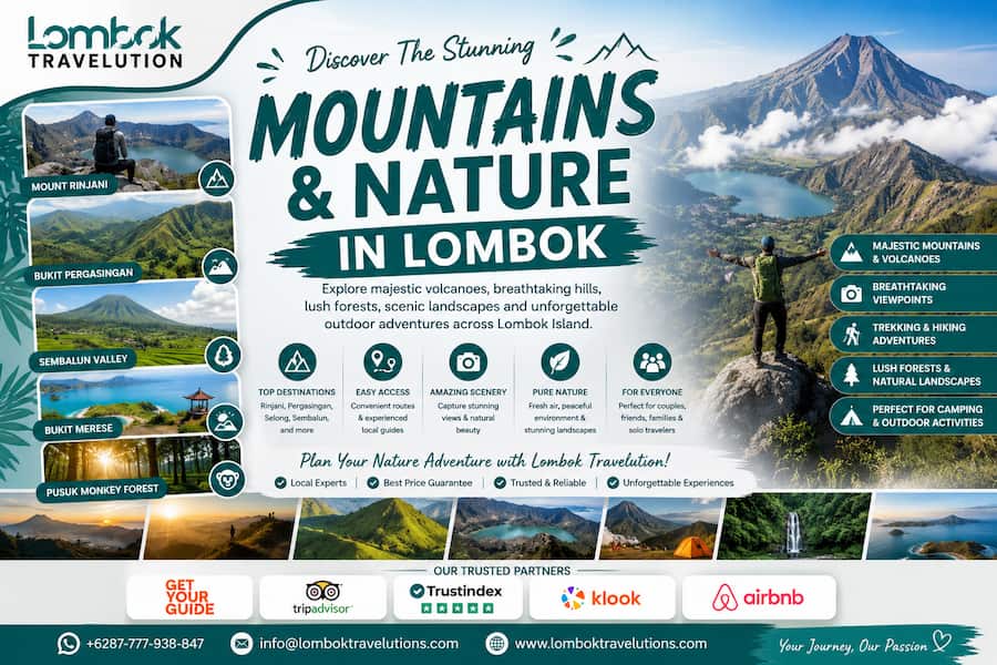 Gunung dan wisata alam Lombok menampilkan Gunung Rinjani, Bukit Pergasingan, Sembalun, Bukit Merese, hutan tropis, trekking, camping, dan panorama alam terbaik bersama Lombok Travelution.