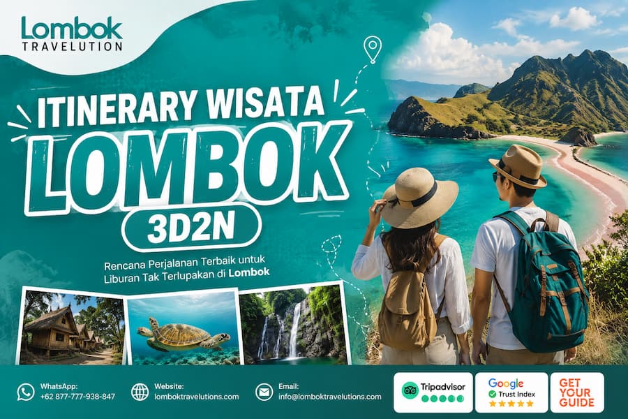 Itinerary wisata Lombok 3D2N bersama Lombok Travelution menampilkan destinasi terbaik seperti Pantai Pink, Bukit Merese, desa adat, air terjun, dan wisata alam Lombok.