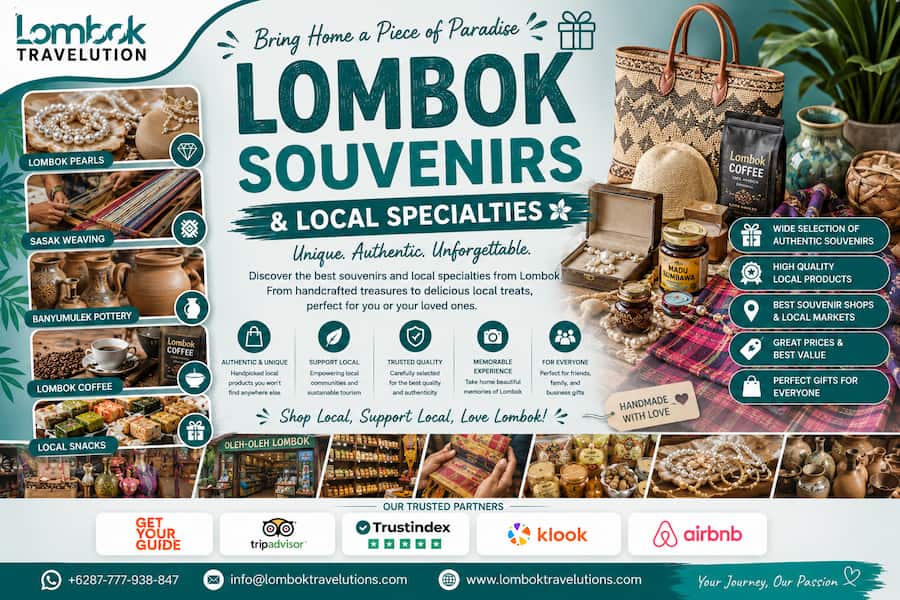 Oleh-Oleh Lombok menghadirkan berbagai souvenir khas seperti mutiara Lombok, kain tenun Sasak, gerabah Banyumulek, kopi Lombok, madu Sumbawa, makanan khas, dan pusat belanja terbaik bersama Lombok Travelution.