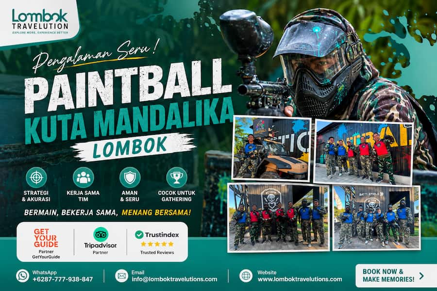 Tim Lombok Travelution mencoba langsung pengalaman bermain Paintball di Action Paintball Kuta Mandalika Lombok untuk aktivitas gathering dan team building.