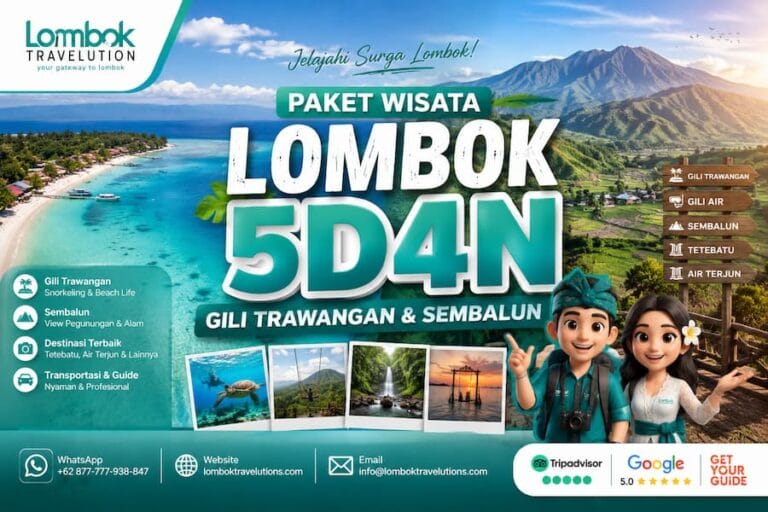 Paket Wisata Lombok 5 Hari 4 Malam mengunjungi Gili Trawangan, Sembalun, Tetebatu, dan air terjun bersama Lombok Travelution.