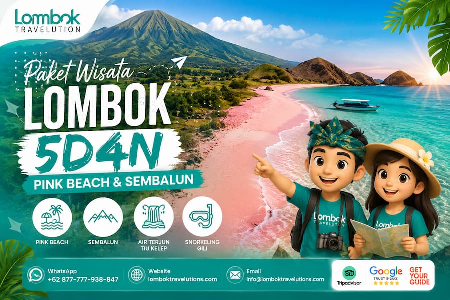 Paket Wisata Lombok 5D4N Pink Beach & Sembalun dengan panorama Pantai Pink, perbukitan Sembalun, dan aktivitas wisata alam terbaik di Lombok