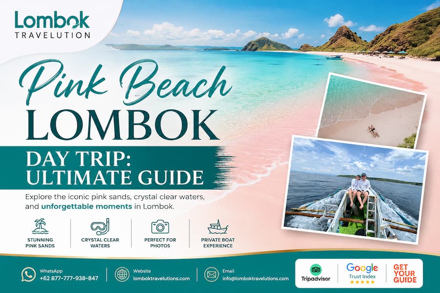 A featured image of Pink Beach Lombok Day Trip showcasing the iconic pink shoreline, crystal-clear turquoise waters, a private boat experience, and unforgettable island adventures with Lombok Travelution.