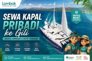 Kapal catamaran pribadi berlayar menuju Gili Trawangan, Gili Air, dan Gili Meno di Lombok dengan layanan sewa private boat dari Lombok Travelution.