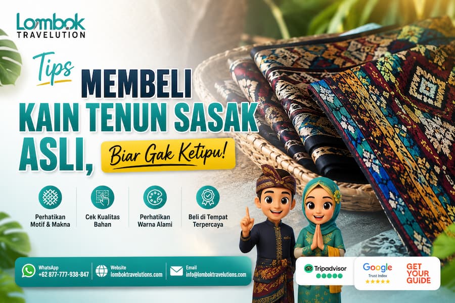 Featured image berisi tips membeli kain tenun Sasak asli dengan tampilan kain tenun tradisional Lombok dan identitas Lombok Travelution.