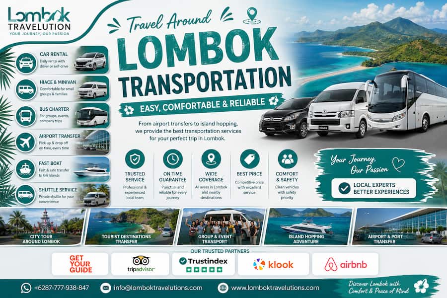Panduan transportasi Lombok lengkap meliputi rental mobil, sewa Hiace, bus pariwisata, airport transfer, shuttle service, fast boat ke Gili, dan layanan transportasi wisata terpercaya bersama Lombok Travelution.