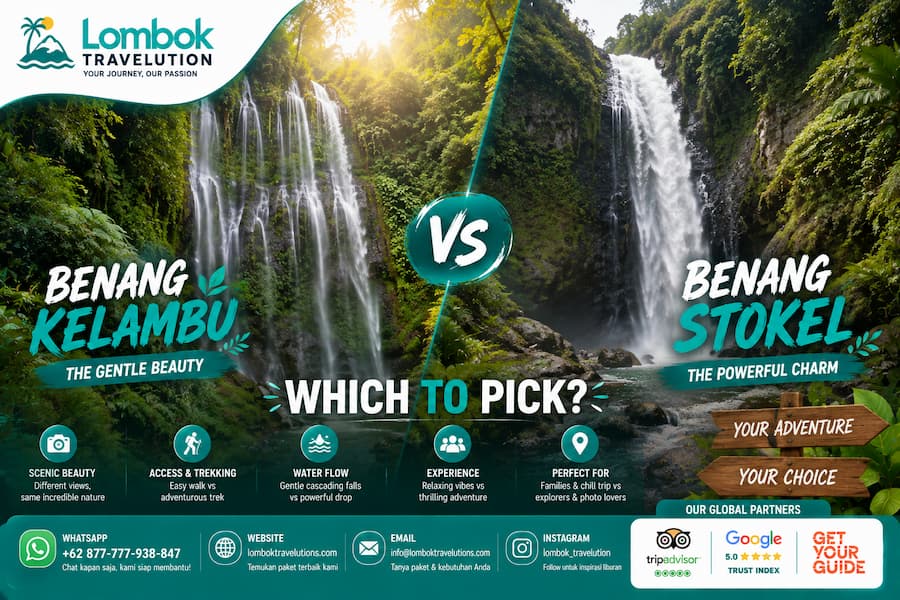 Benang Kelambu vs Benang Stokel waterfall in Lombok comparing scenery, access, water flow, and travel experience