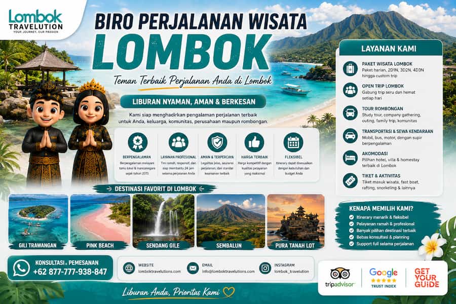 Biro perjalanan wisata Lombok untuk paket tour, open trip, rombongan, transportasi, dan akomodasi