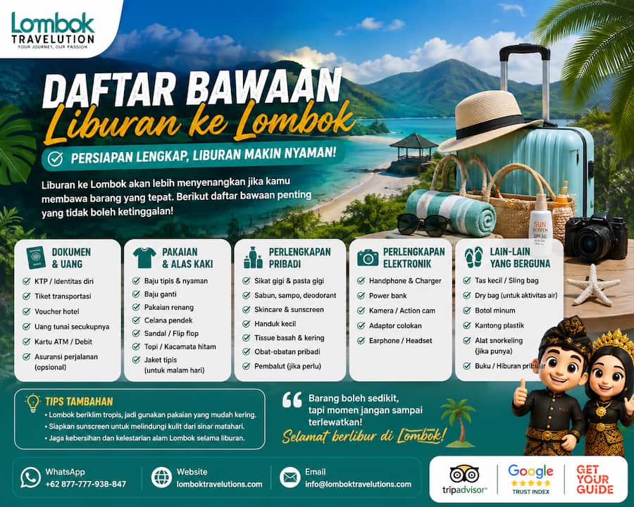Daftar bawaan liburan ke Lombok dengan perlengkapan pakaian, dokumen, elektronik, dan kebutuhan pribadi