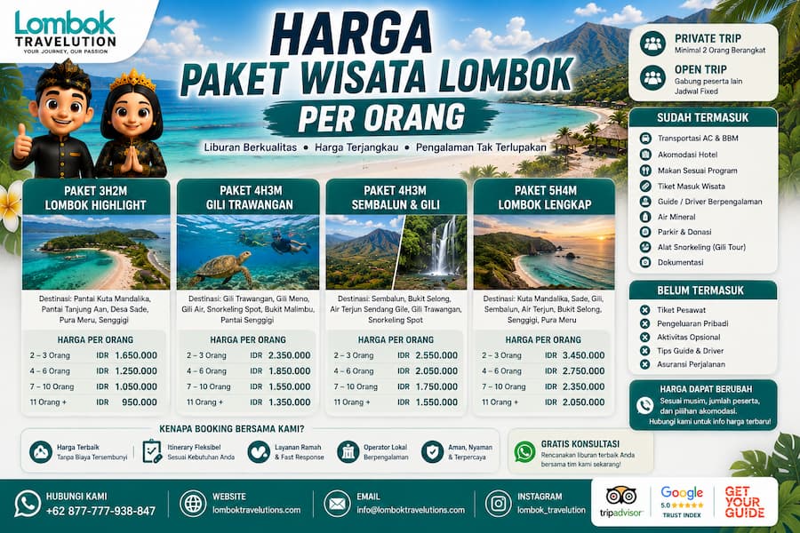 Harga paket wisata Lombok per orang untuk pilihan perjalanan 2D1N, 3D2N, 4D3N, dan 5D4N