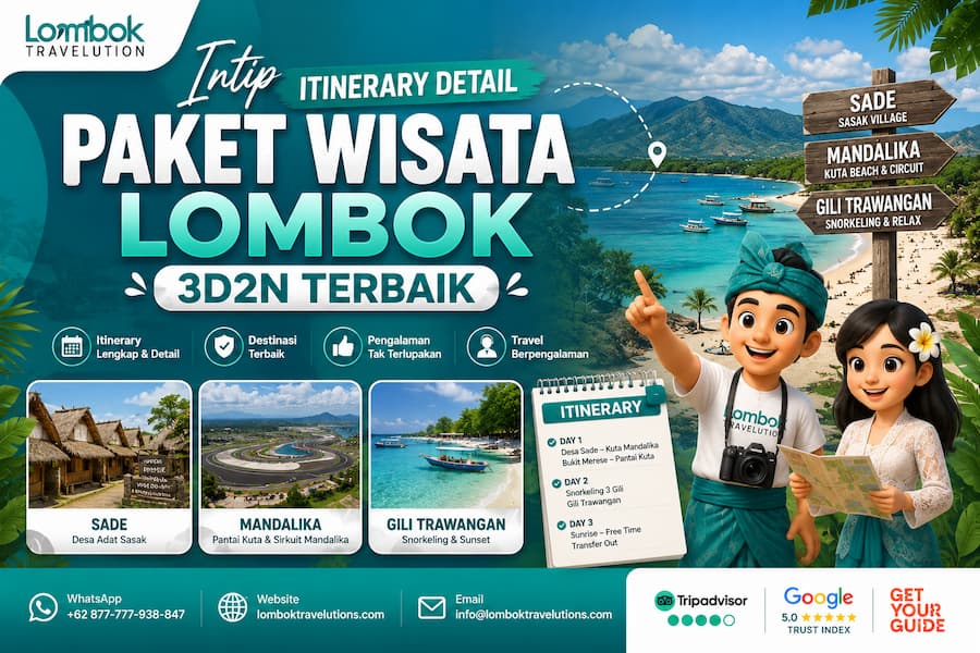 Itinerary detail Paket Wisata Lombok 3D2N ke Sade, Mandalika, dan Gili Trawangan