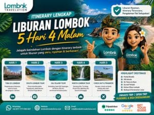 Itinerary lengkap liburan Lombok 5 hari 4 malam dengan wisata pantai, Gili, dan air terjun