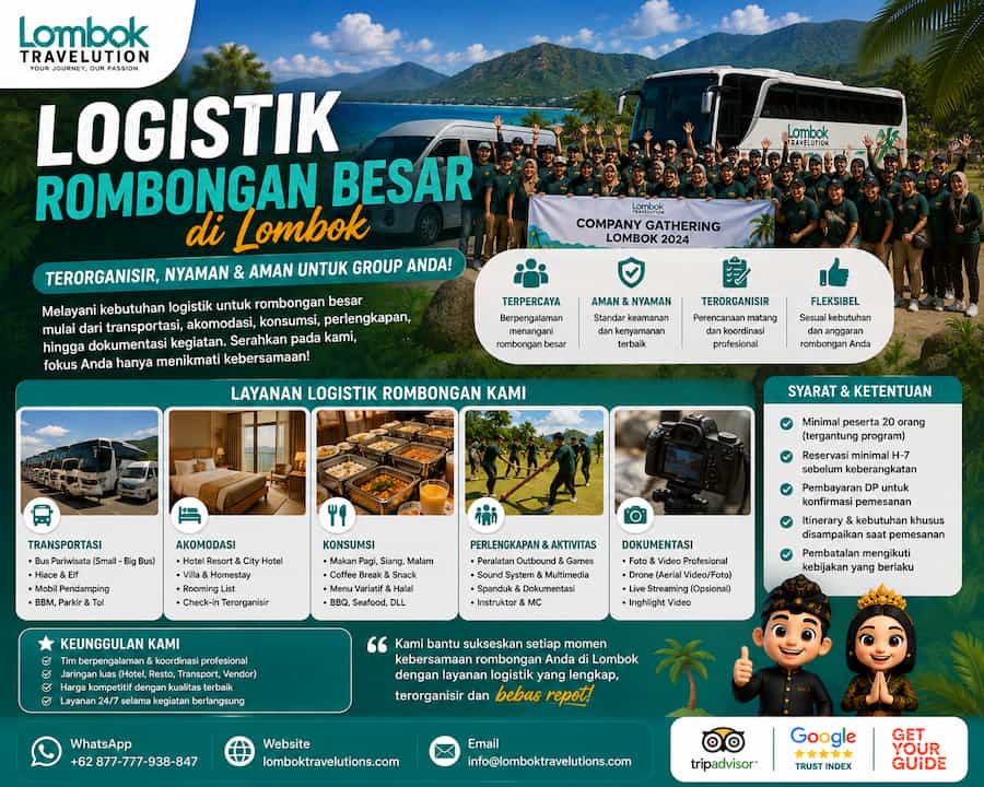 Logistik rombongan besar di Lombok dengan transportasi, akomodasi, konsumsi, perlengkapan, dan dokumentasi