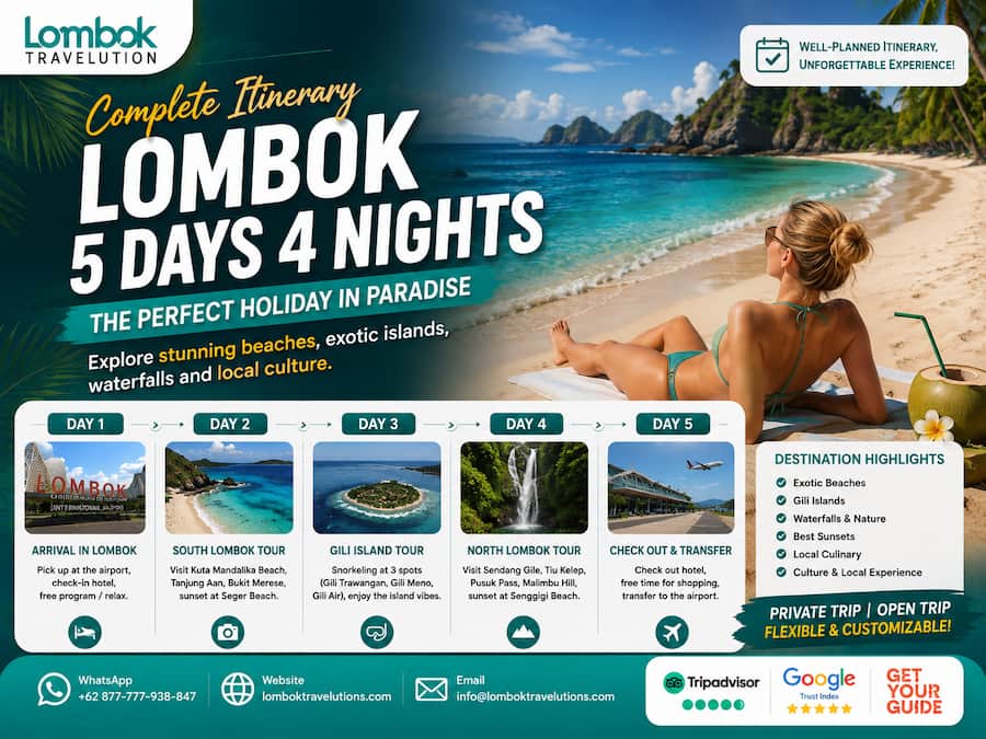 Lombok itinerary 5 days 4 nights featuring beaches, Gili Islands and waterfalls