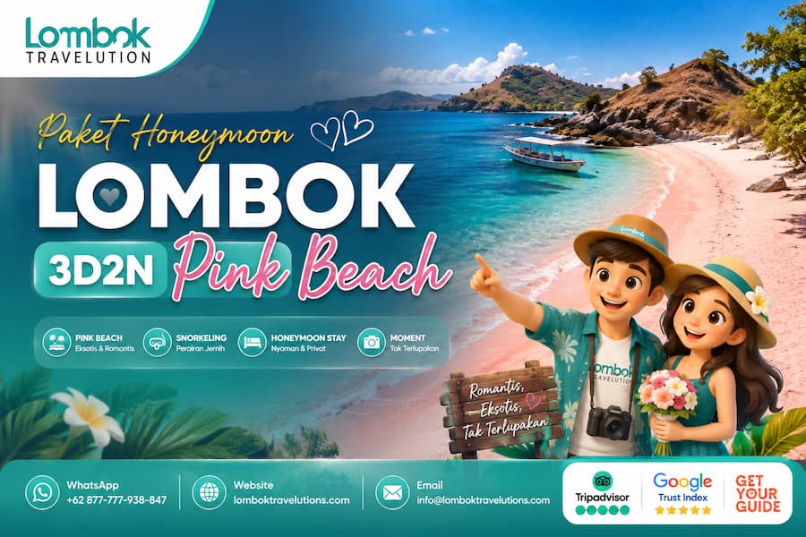 Ilustrasi promosi Paket Honeymoon Lombok 3D2N Pink Beach dari Lombok Travelution dengan latar Pantai Pink, perahu wisata, dan pasangan maskot kartun yang menggambarkan liburan romantis di Lombok.