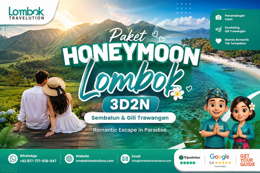 Pasangan menikmati Paket Honeymoon Lombok 3D2N dengan destinasi Sembalun dan Gili Trawangan yang menawarkan pemandangan pegunungan, pantai eksotis, dan suasana romantis.