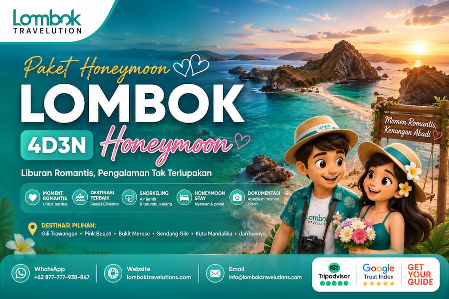 Ilustrasi Paket Honeymoon Lombok 4D3N dari Lombok Travelution dengan latar panorama pulau tropis, pantai eksotis, pasangan wisatawan, dan destinasi romantis di Lombok.
