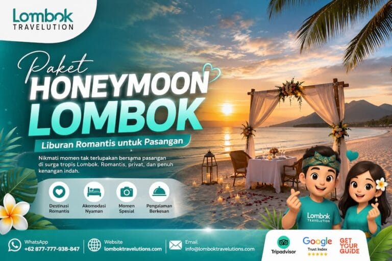 Paket Honeymoon Lombok dengan suasana makan malam romantis di tepi pantai saat matahari terbenam, dipadukan dengan branding Lombok Travelution dan maskot pasangan.