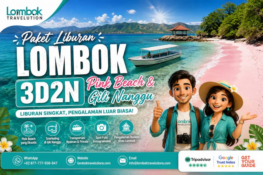 Paket Liburan Lombok 3 Hari 2 Malam mengunjungi Pink Beach dan Gili Nanggu dengan aktivitas snorkeling, pantai berpasir merah muda, dan wisata bahari terbaik di Lombok.
