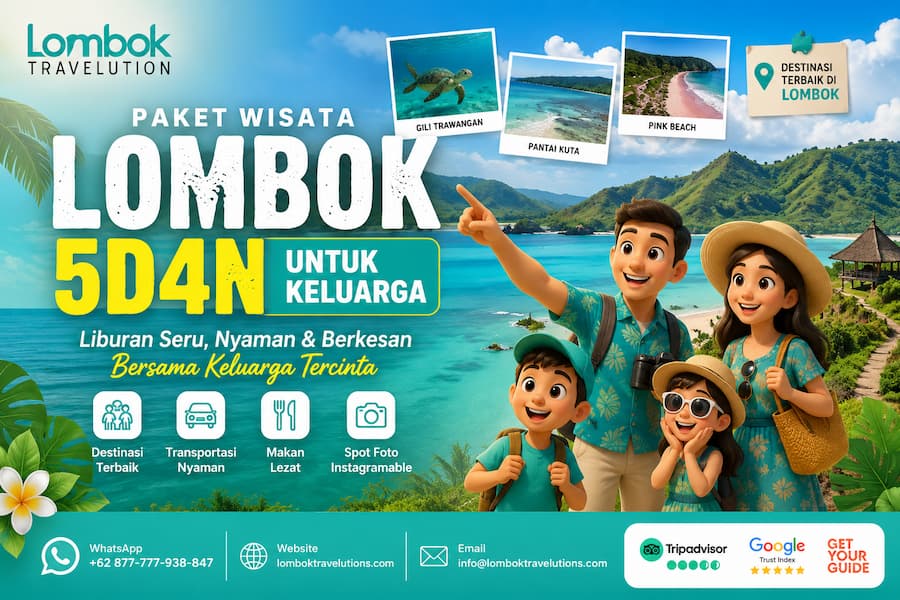 Paket Wisata Lombok 5D4N untuk keluarga dengan destinasi Gili Trawangan, Pantai Kuta Mandalika, dan Pink Beach serta fasilitas liburan lengkap.