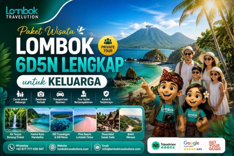 Paket Wisata Lombok 6D5N Lengkap untuk Keluarga dengan destinasi Gili Trawangan, Pantai Kuta Mandalika, Pink Beach, Desa Adat Sasak, Bukit Merese, dan Air Terjun Benang Stokel.