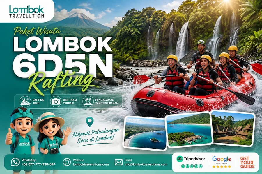 Featured image Paket Wisata Lombok 6 Hari 5 Malam Rafting dari Lombok Travelution dengan aktivitas arung jeram, air terjun, dan panorama alam Lombok.