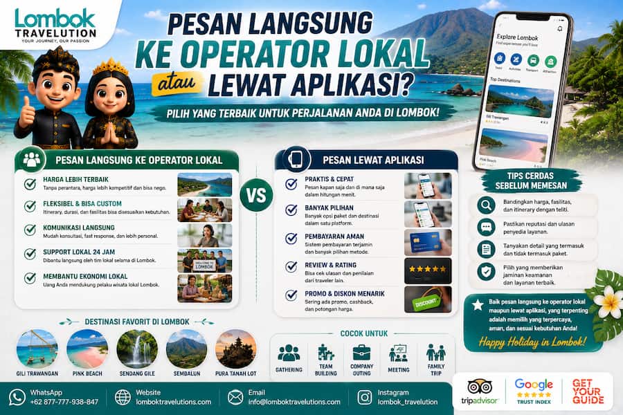 Pesan langsung ke operator lokal atau lewat aplikasi untuk wisata Lombok