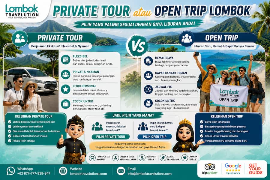 Perbandingan private tour atau open trip Lombok berdasarkan fleksibilitas, biaya, kenyamanan, dan pengalaman