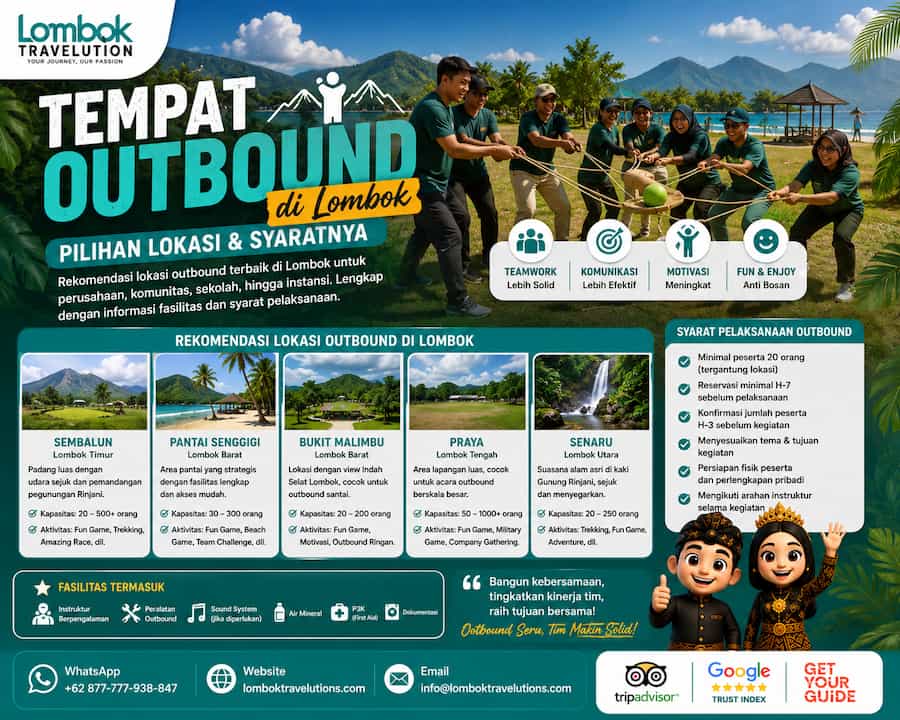 Tempat outbound di Lombok dengan pilihan lokasi, aktivitas team building, fasilitas, dan syarat pelaksanaan