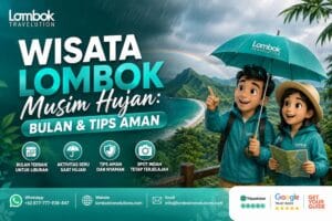 Wisata Lombok musim hujan dengan pemandangan pantai, pegunungan, dan wisatawan menggunakan payung