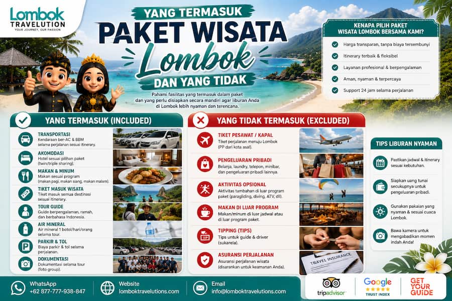 Yang termasuk dan tidak termasuk dalam paket wisata Lombok seperti transportasi, hotel, makan, tiket, dan aktivitas