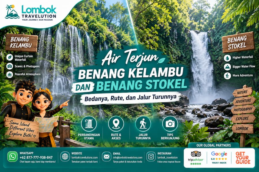Air Terjun Benang Kelambu dan Benang Stokel Lombok dengan perbedaan rute dan jalur turun