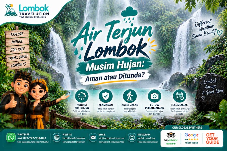 Air terjun Lombok saat musim hujan dengan aliran air lebih deras, suasana hijau, dan jalur yang perlu diperhatikan