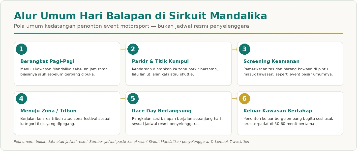 Diagram enam tahap alur umum hari balapan di Sirkuit Mandalika dari berangkat pagi sampai keluar kawasan