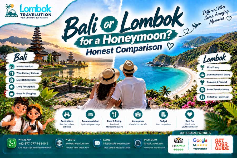 Bali or Lombok for a honeymoon with a comparison of beaches, accommodation, activities, dining, and travel atmosphere