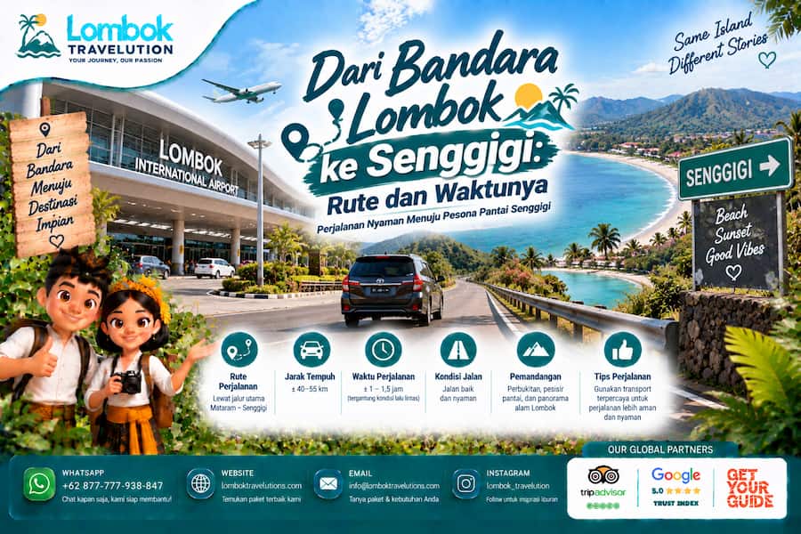 Rute dari Bandara Lombok ke Senggigi dengan pemandangan jalan, pantai, dan kendaraan perjalanan