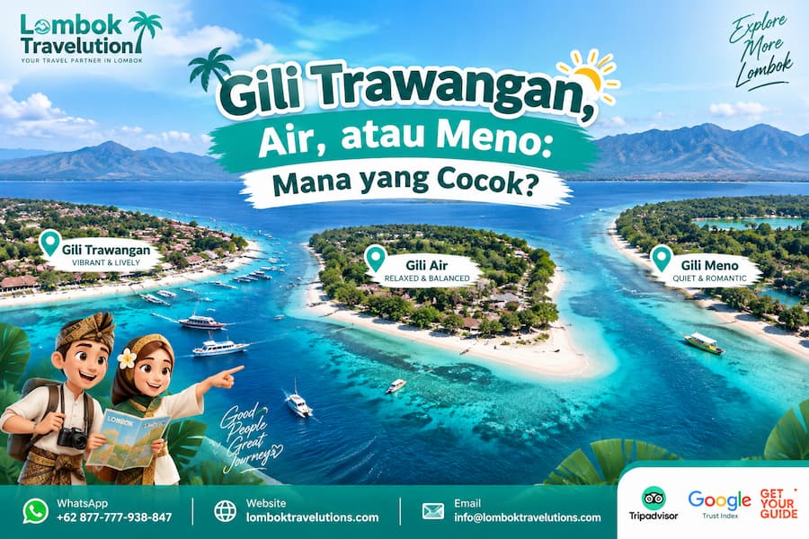 Gili Trawangan, Gili Air, dan Gili Meno di Lombok dengan pemandangan laut tropis