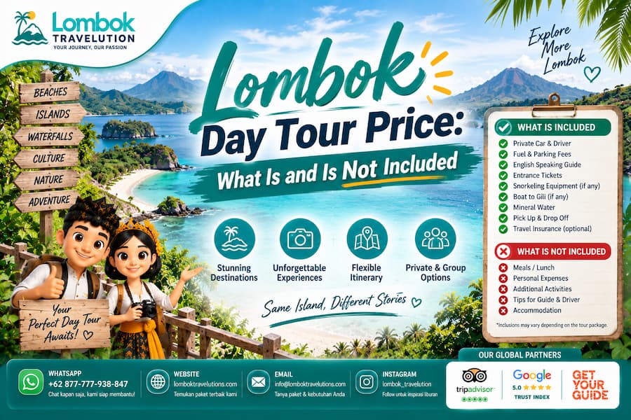 Lombok day tour price guide showing what is included and not included in the tour package
